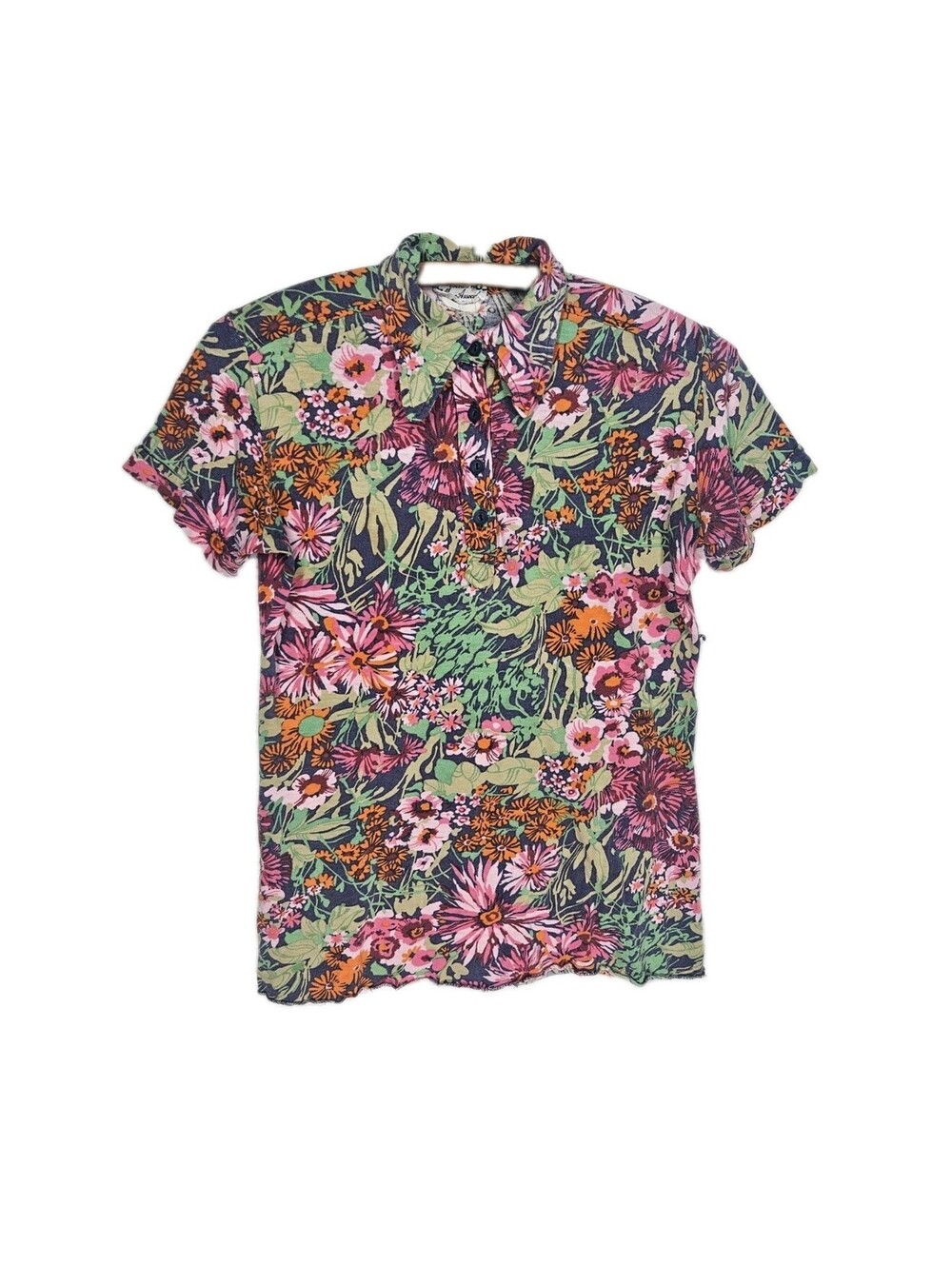 Vintage 1970s Floral Knit Polo Shirt Womens Medium AOP Calico Retro Thin Drape
